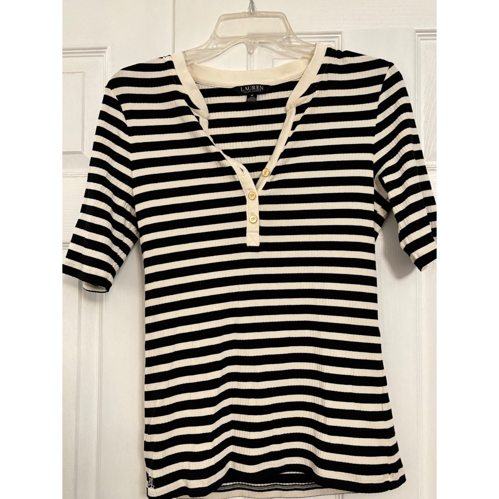 Lauren Ralph Lauren Black Label Striped Ribbed Knit Top Womens‎ M Casual Preppy